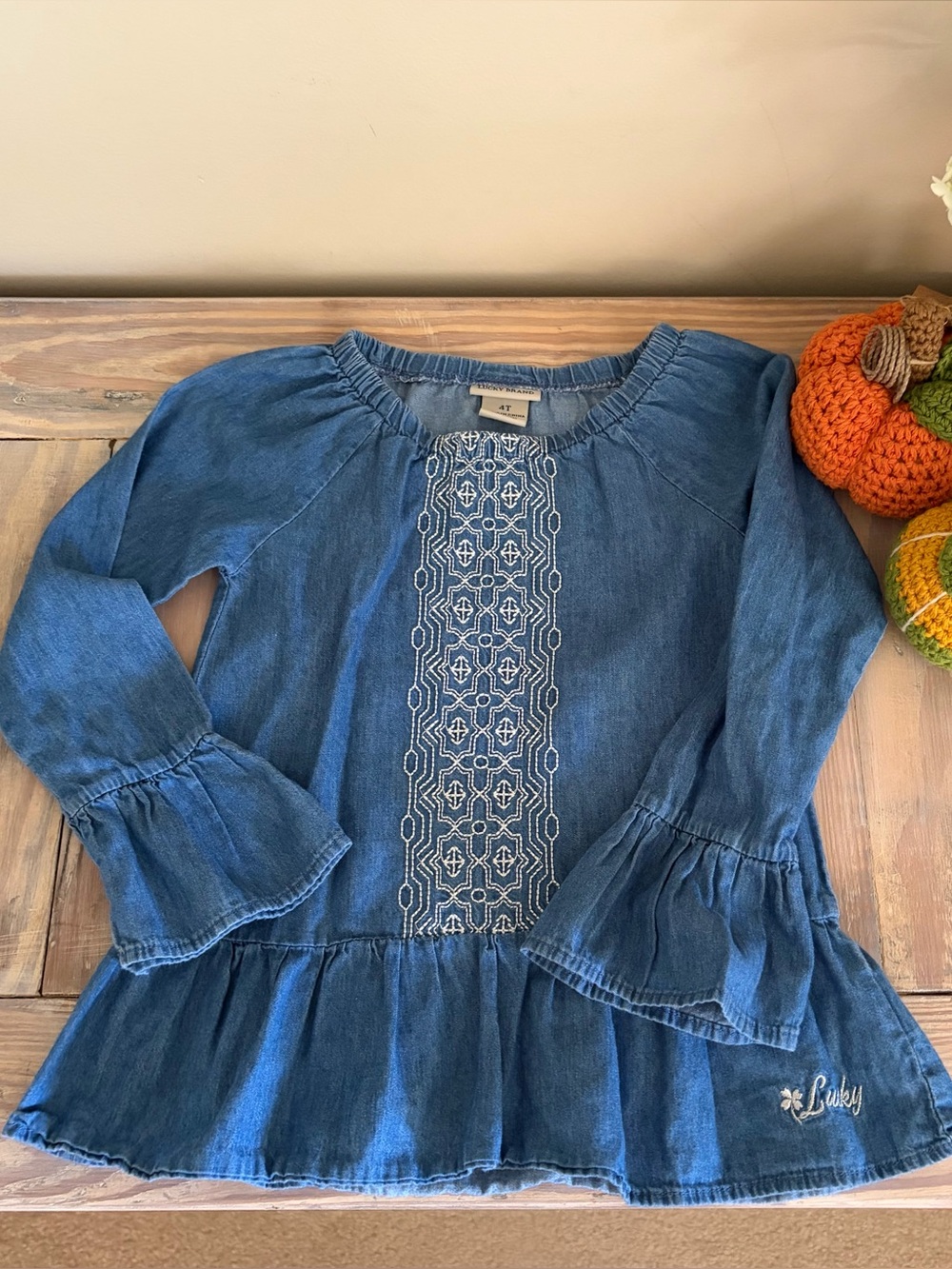 Lucky Soft Chambray Embroidered Peplum Hem Top 🍂🧡